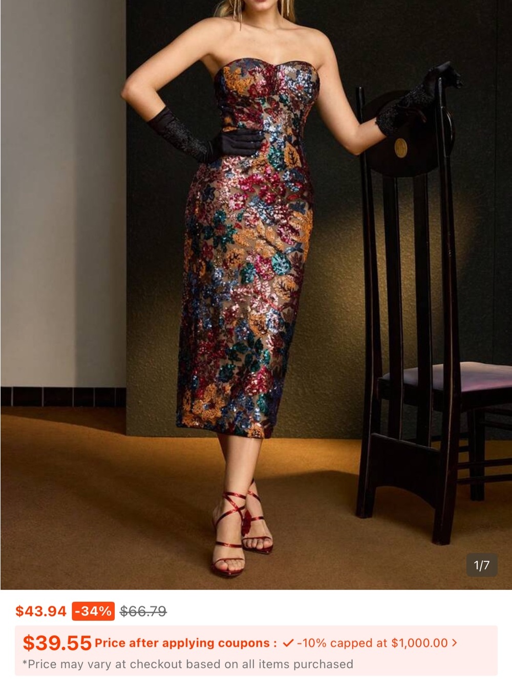 Strapless Sequin Floral Midi Dress in Multi Metallic